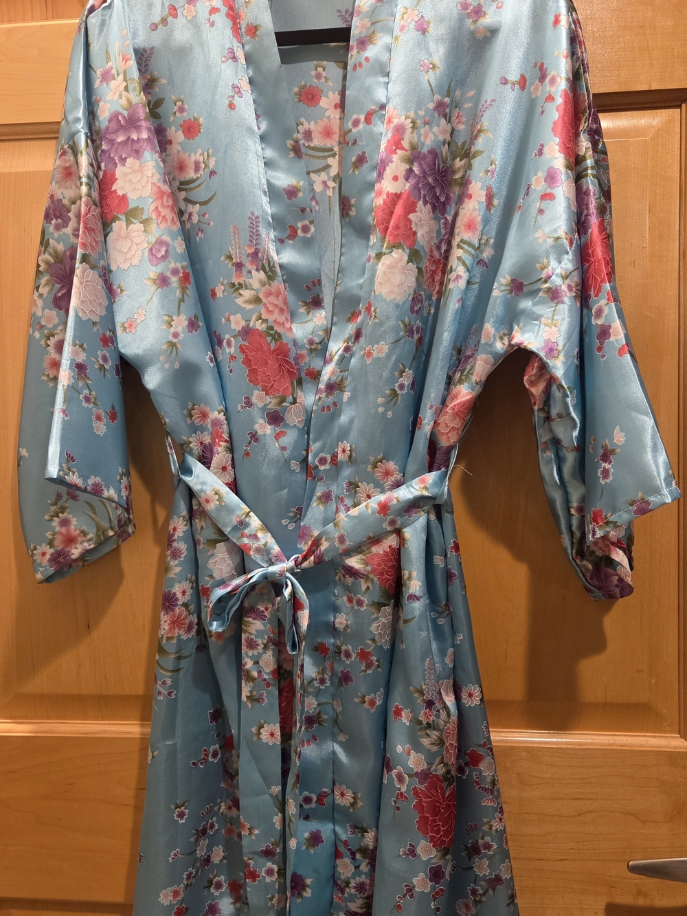 Satin Floral Kimono Robe in Light Blue